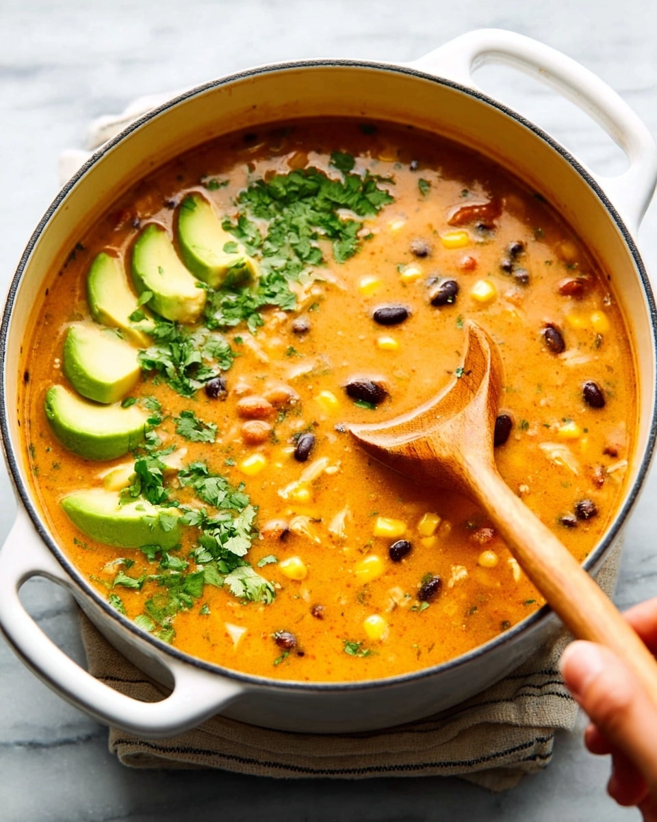 A round white pot filled with creamy orange soup that has small black beans and corn floating on the surface. The soup is garnished with chopped green cilantro on one side and three slices of light green avocado arranged neatly along the edge. A wooden spoon is resting inside the pot, held by a woman's hand visible from the right. The pot sits on a white marbled surface. photo taken with an iphone --ar 4:5 --v 7