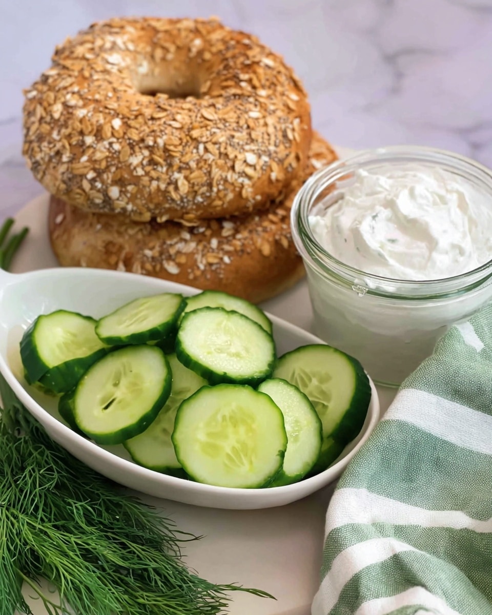The image shows a white oval bowl filled with round cucumber slices that are light and dark green with a smooth texture, placed at the left side of the frame. Behind the bowl, there are two oat-covered bagels stacked one on top of the other, with a golden brown color and small oat flakes. In front of the bagels is a wide-mouthed glass jar of cream cheese or white spread, smooth and creamy. Fresh green dill with feathery leaves lies at the front left corner, partially covering the bowl. All items are placed on a white marbled surface with a soft striped cloth in green and white colors in the background. photo taken with an iphone --ar 4:5 --v 7