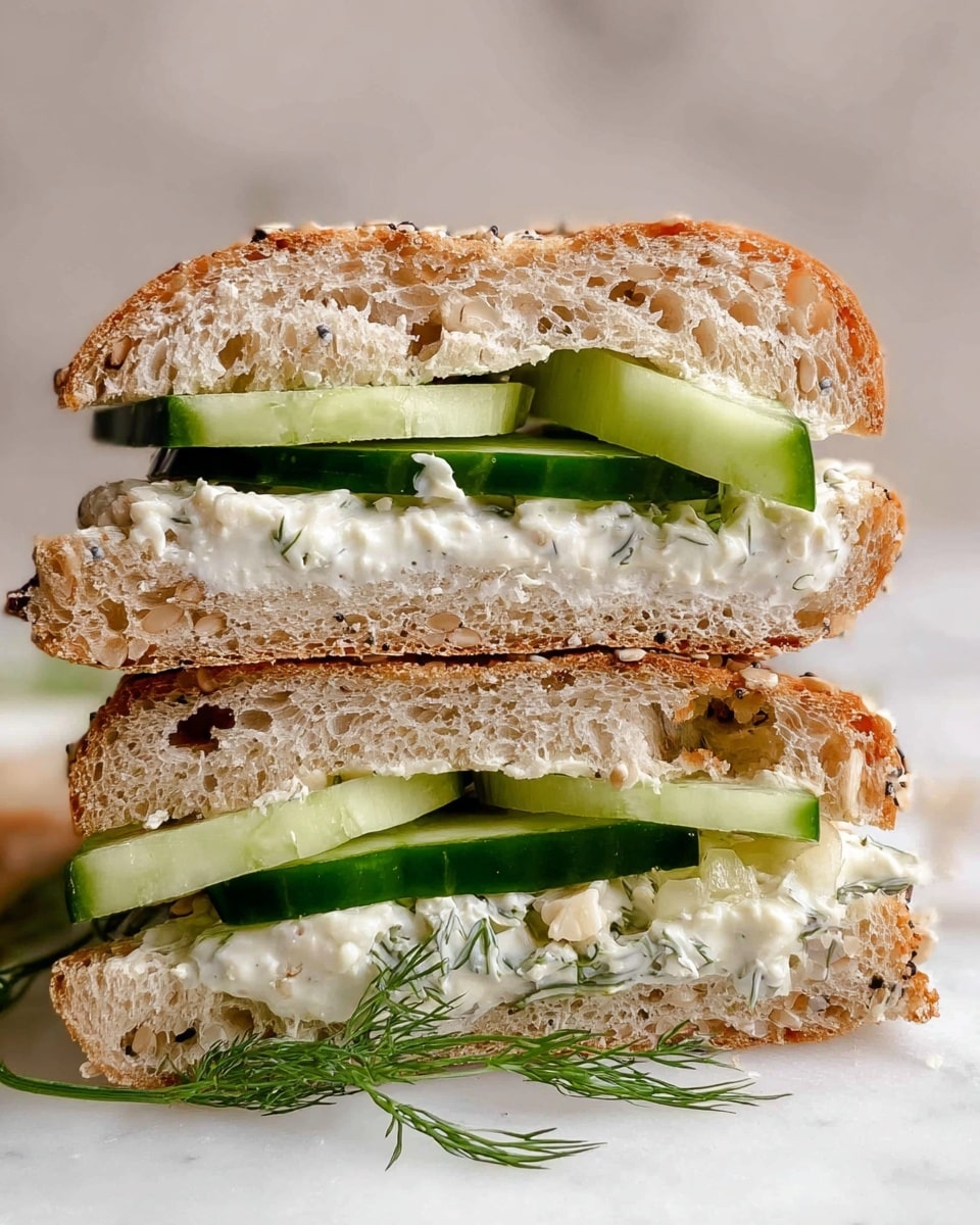 A whole grain bagel with visible oats and seeds on top is sliced horizontally and placed on a white plate with a detailed edge. Inside, there are three thick, bright green cucumber slices aligned in a row, topped with a generous layer of white creamy spread. Below the cucumbers, small sprigs of fresh green dill peek out, adding a touch of color and texture. The plate rests on a white marbled surface, and in the background, there is a green and white striped cloth slightly out of focus. Photo taken with an iphone --ar 4:5 --v 7