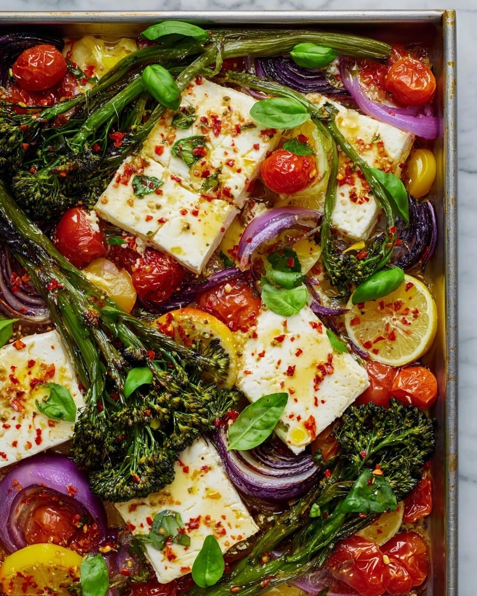 A metal baking tray is filled with a mix of roasted broccolini with bright green stalks and darker florets spread evenly on top, alongside large flat white feta cheese slices with red chili flakes scattered on them, and halved red and yellow cherry tomatoes with a glossy texture. The base layer is made of cooked chickpeas with a light tan color and small diced pieces of purple-red onion spread across, adding another layer of color and texture. A wooden spoon with a white handle rests diagonally in the tray, partly covering some vegetables. The tray is placed on a white marbled surface with a few cherry tomatoes scattered around. Photo taken with an iphone --ar 4:5 --v 7