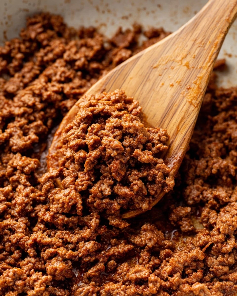 A close-up view of cooked ground meat piled in a white pan with visible browned texture, showing small clumps of meat in a rich brown color with a slightly shiny surface; a wooden spoon with natural grain and a warm wood tone lifts a scoop of the cooked meat in the center, highlighting the crumbly and tender texture of the meat against a white marbled background photo taken with an iphone --ar 4:5 --v 7