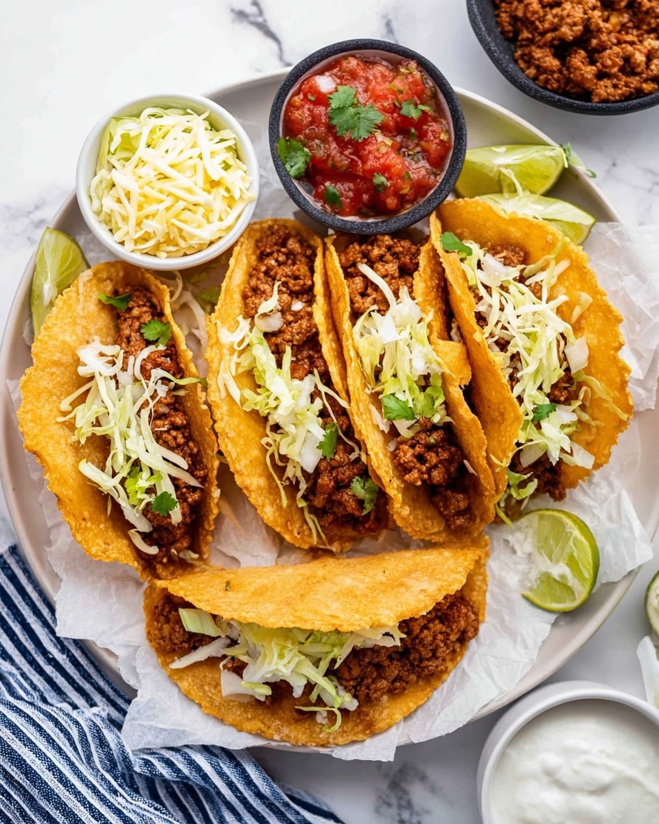 The image shows four tacos arranged on a round white plate lined with parchment paper, placed on a white marbled surface. Each taco has three layers: the bottom layer is a golden-brown, crispy taco shell, the middle layer is a filling of cooked ground meat with a slightly crumbly texture and rich brown color, and the top layer includes shredded pale yellow cheese and thin strips of light green lettuce, with small green cilantro leaves on some tacos. The plate is garnished with lime wedges, and there is a small white bowl with red salsa sprinkled with cilantro, a small black bowl with shredded cheese, and another white bowl containing a white creamy sauce placed around the plate. A striped blue and white cloth is partially visible on the side. Photo taken with an iphone --ar 4:5 --v 7