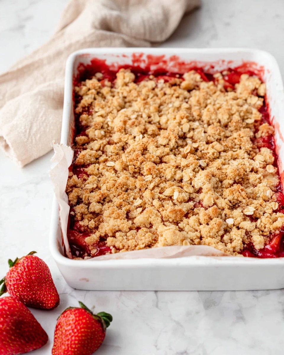 The image shows a white rectangular baking dish filled with a two-layer dessert. The bottom layer is a bright red strawberry filling that slightly spills over the sides. On top of it is a thick, crumbly golden-brown oat and sugar crisp layer, evenly spread across the dish, giving a rough texture. The dish is lined with white parchment paper that folds over the edges. The background surface is a white marble texture, with a beige cloth and some whole red strawberries placed to the right side. Photo taken with an iphone --ar 4:5 --v 7