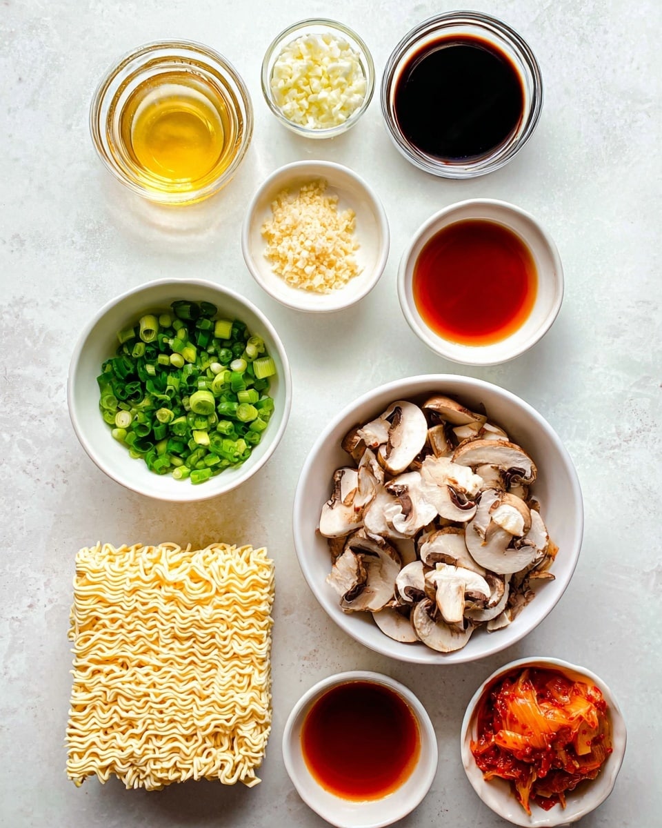 The image shows several ingredients neatly arranged on a white marbled surface. At the center right is a white bowl filled with sliced brown and white mushrooms. To its left is a white bowl with bright green chopped scallions. Above the scallions is a smaller white bowl with minced garlic. Above the mushrooms are two clear glasses, one with dark soy sauce and the other with a light yellow liquid. To the bottom left of the scallions are two blocks of wavy, uncooked ramen noodles with a pale yellow color. At the bottom right, there is a white bowl filled with various reddish-orange pickled vegetables. Below the mushrooms and surrounding the bottom area are small white and clear dishes filled with sauces and broths in red, brown, and amber tones. The overall setup is clean and well-organized. photo taken with an iphone --ar 4:5 --v 7