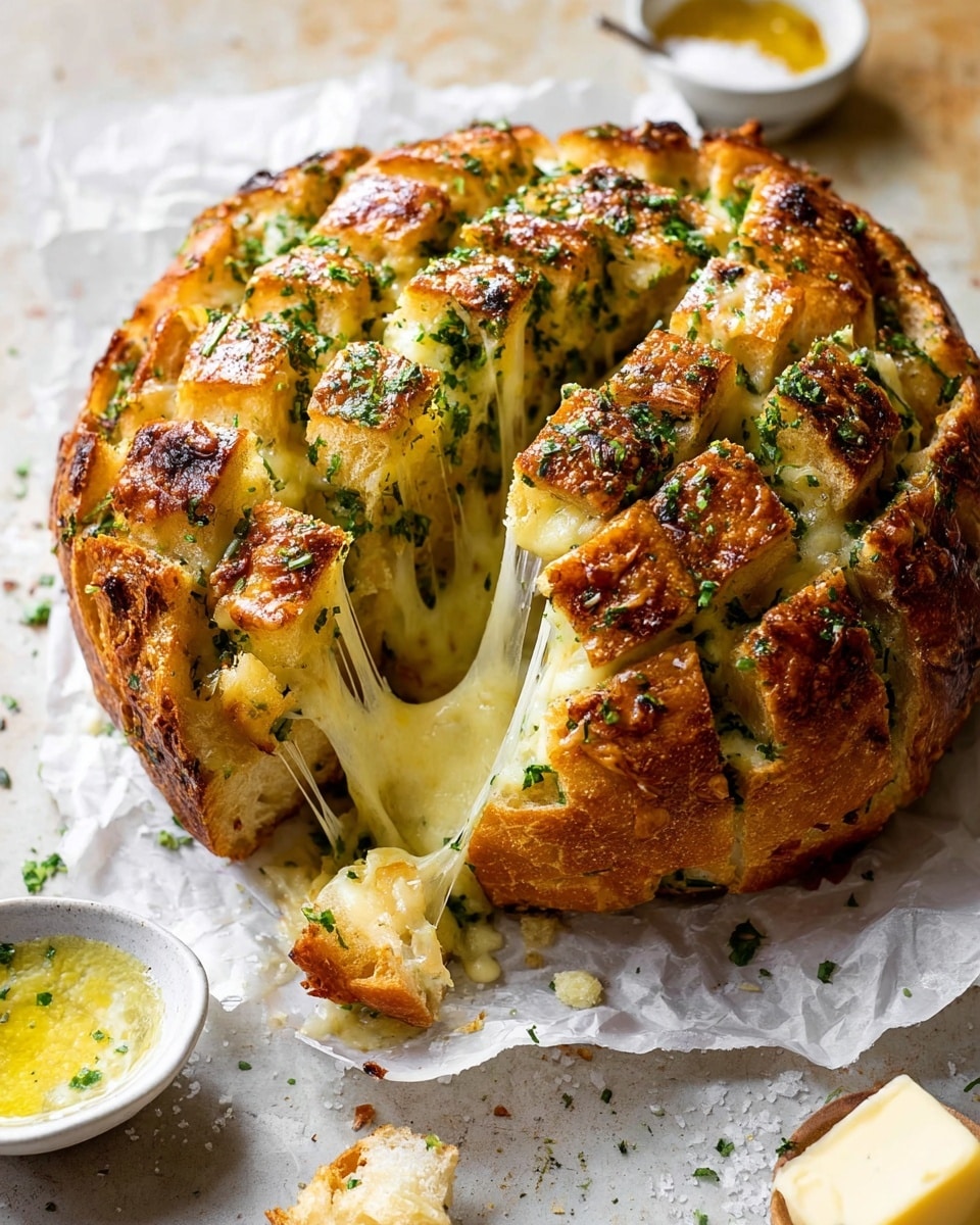 The image shows a round loaf of bread cut into many square pieces, arranged in layers with melted cheese and finely chopped green herbs between each piece. The bread crust is golden brown with a soft, creamy yellow inside. The top pieces show some slightly burnt, crispy parts with green herbs sprinkled over them. The bread is placed on white parchment paper on a white marbled surface. A small white bowl with green sauce is blurred in the background, and a brush with some green herbs is on the left side near the bread. Photo taken with an iphone --ar 4:5 --v 7