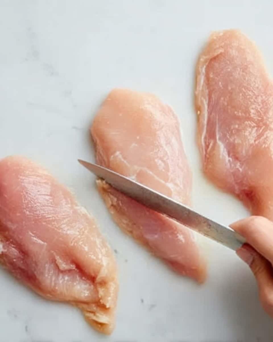The image shows three raw pieces of chicken placed flat on a white marbled surface. A woman's hand is holding one piece steady while a knife is slicing into it, creating a thin, light pink layer with a smooth texture. The two other pieces are whole, with a shiny, slightly translucent look, and a soft pink color. The scene is simple and clean with a focus on the chicken pieces and the slicing action. photo taken with an iphone --ar 4:5 --v 7