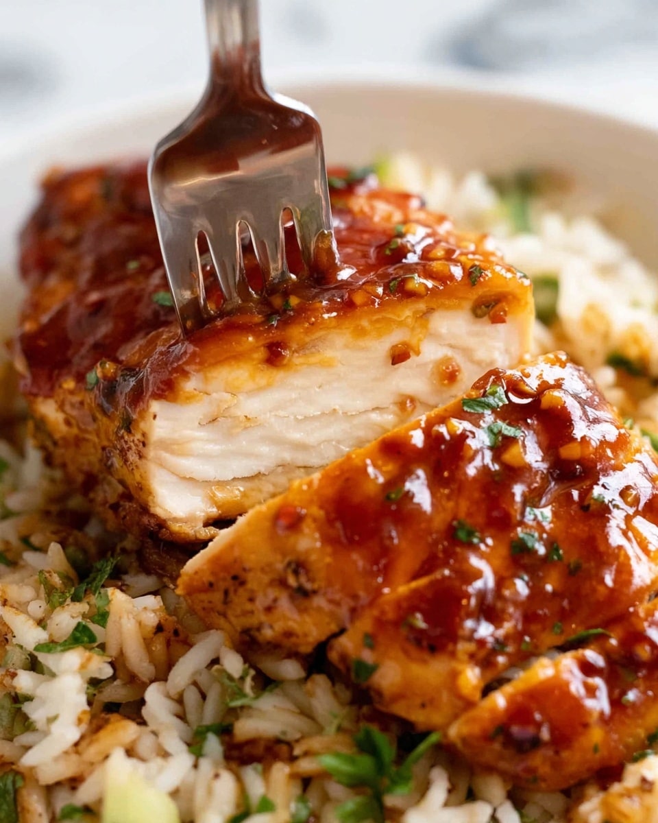 A close-up view of a piece of cooked chicken layered on a bed of rice. The chicken is covered in a shiny, thick reddish-brown sauce with small bits of herbs, garlic, and pepper visible throughout the sauce. The chicken is sliced, showing its white, tender inside with a fork gently lifting one slice. The rice underneath is mixed with small pieces that look like vegetables or herbs, adding green and light brown colors. The plate is white, and the background is a white marbled surface. photo taken with an iphone --ar 4:5 --v 7