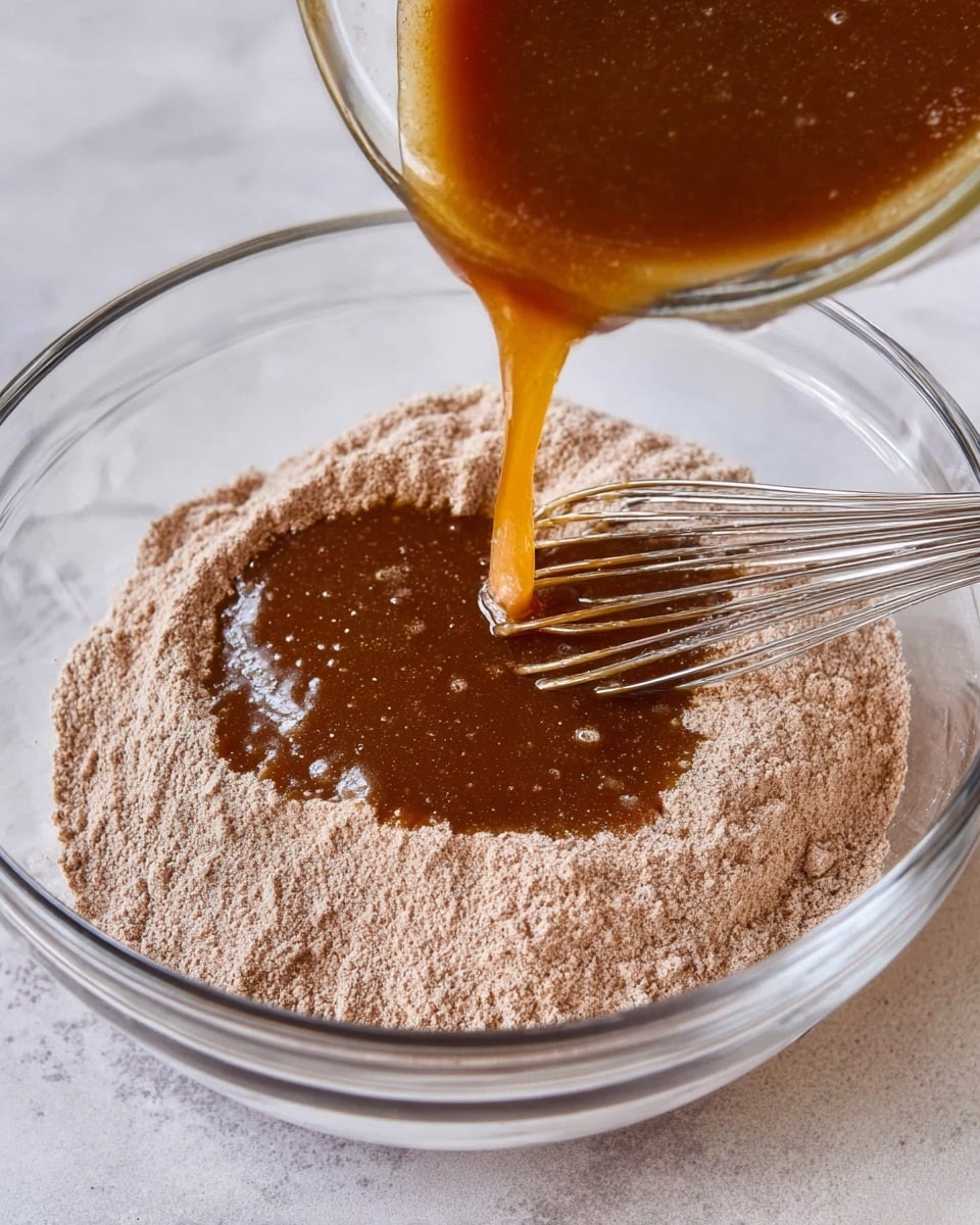 A clear glass bowl holds a layer of light brown dry mix with a powdery texture, with a deep well in the center where a thick dark caramel-colored liquid is being poured from a glass container above. A shiny metal whisk rests in the bowl, immersed at the edge of the liquid, ready to blend the layers. The scene is set on a white marbled surface photo taken with an iphone --ar 4:5 --v 7