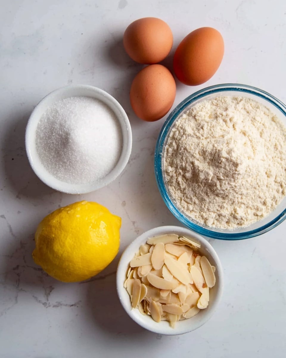 A set of baking ingredients is arranged on a white marbled surface. There is a small white bowl filled with white sugar on the left side. Next to it is a fresh yellow lemon, placed near four brown eggs lined up in a loose cluster. On the right, a clear glass bowl holds a light beige flour mixture. Below it is a small white bowl filled with thin, pale brown almond slices. The whole scene is simple and well-lit, showing natural colors and textures of the ingredients. Photo taken with an iphone --ar 4:5 --v 7