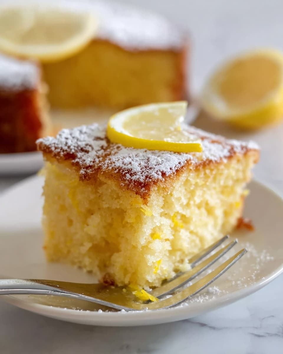 A close-up of a fork holding a small square piece of yellow cake with a soft and moist texture, topped with a light dusting of powdered sugar on the edges. The cake piece shows a golden-brown crust on top and sides, with visible bits of lemon zest inside. In the background, there is a larger piece of the same cake on a white plate with a thin round slice of lemon resting on top. The whole scene is on a white marbled surface. Photo taken with an iphone --ar 4:5 --v 7