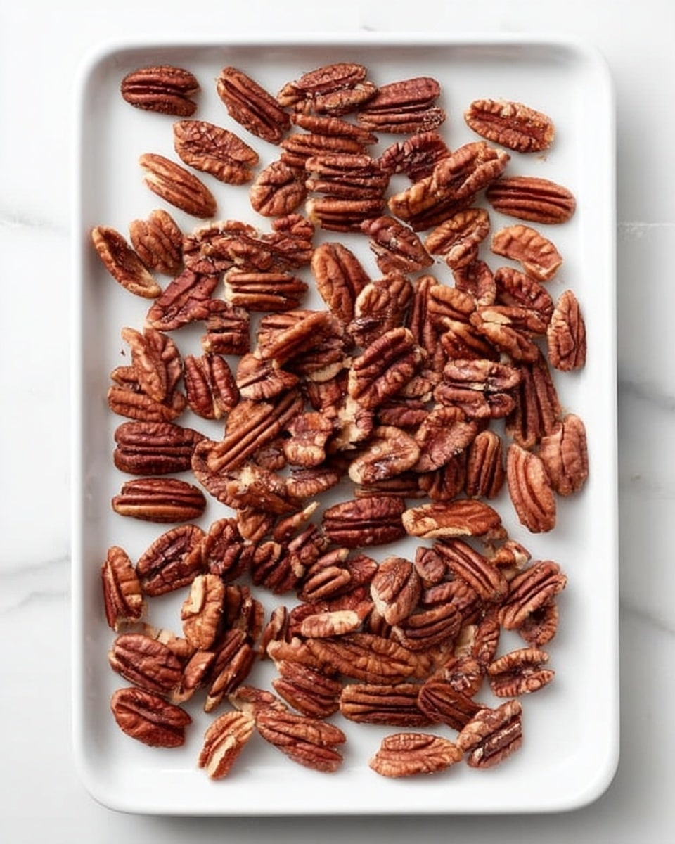 The image shows a white rectangular tray filled with many pecans spread out evenly. The pecans are brown with rough, wrinkled texture and some cracks visible on their surfaces. The tray rests on a white marbled surface, adding a subtle, elegant background. The lighting highlights the rich color and detailed texture of the pecans, making them look fresh and natural. Photo taken with an iphone --ar 4:5 --v 7