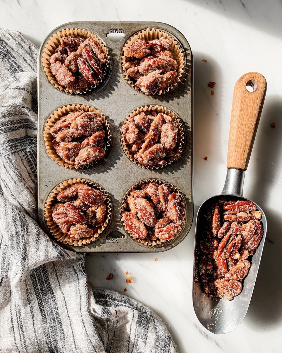 A metal muffin tray holds six cups filled with coated pecan halves in brown paper liners; the pecans have a rough, sugary texture, light brown color with darker reddish-brown shades. To the right of the tray, a small metal scoop with a wooden handle is filled with the same coated pecans, resting on a white marbled surface. A striped gray and white cloth is half-under the muffin tray, adding soft texture to the scene. The light is bright and natural, casting soft shadows, highlighting the crunchy texture of the pecans. photo taken with an iphone --ar 4:5 --v 7