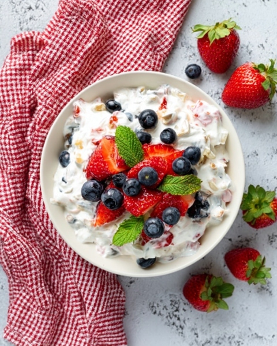 A white bowl filled with creamy, white yogurt mixed with small chunks of fruit and nuts, topped with bright red strawberries, deep blue blueberries, and fresh green mint leaves arranged neatly on top. The bowl sits on a white marbled surface with a red and white checkered cloth beside it, and a few whole strawberries scattered near the bowl. photo taken with an iphone --ar 4:5 --v 7