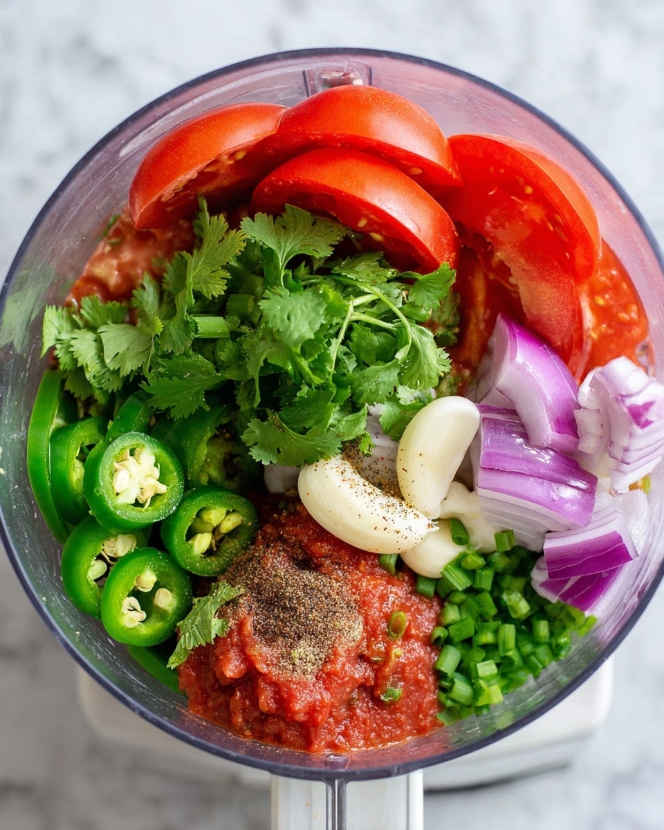 A clear food processor bowl filled with different fresh ingredients in layers: bright red tomato slices on the right, green cilantro leaves on the top left, chopped green jalapeno peppers and green onions at the bottom right, purple onion chunks at the bottom left, white garlic cloves near the onion, and a mixture of red crushed tomatoes with black pepper and salt sprinkled on top. The background has a white marbled texture. photo taken with an iphone --ar 4:5 --v 7