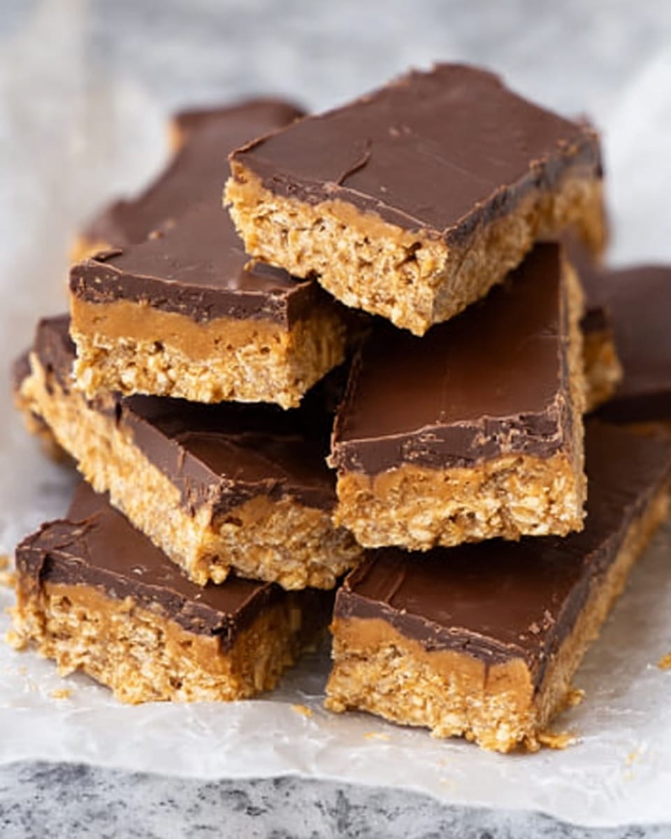 The image shows a pile of chocolate peanut butter bars on white parchment paper, arranged in a casual stack. Each bar has two layers: the bottom layer is thick, rough, and tan-colored with the texture of peanut butter and crunchy bits. The top layer is smooth, shiny, and dark brown chocolate, thinner than the bottom layer. The bars are rectangular and some are standing upright showing the side layers clearly. The background is a white marbled surface. photo taken with an iphone --ar 4:5 --v 7