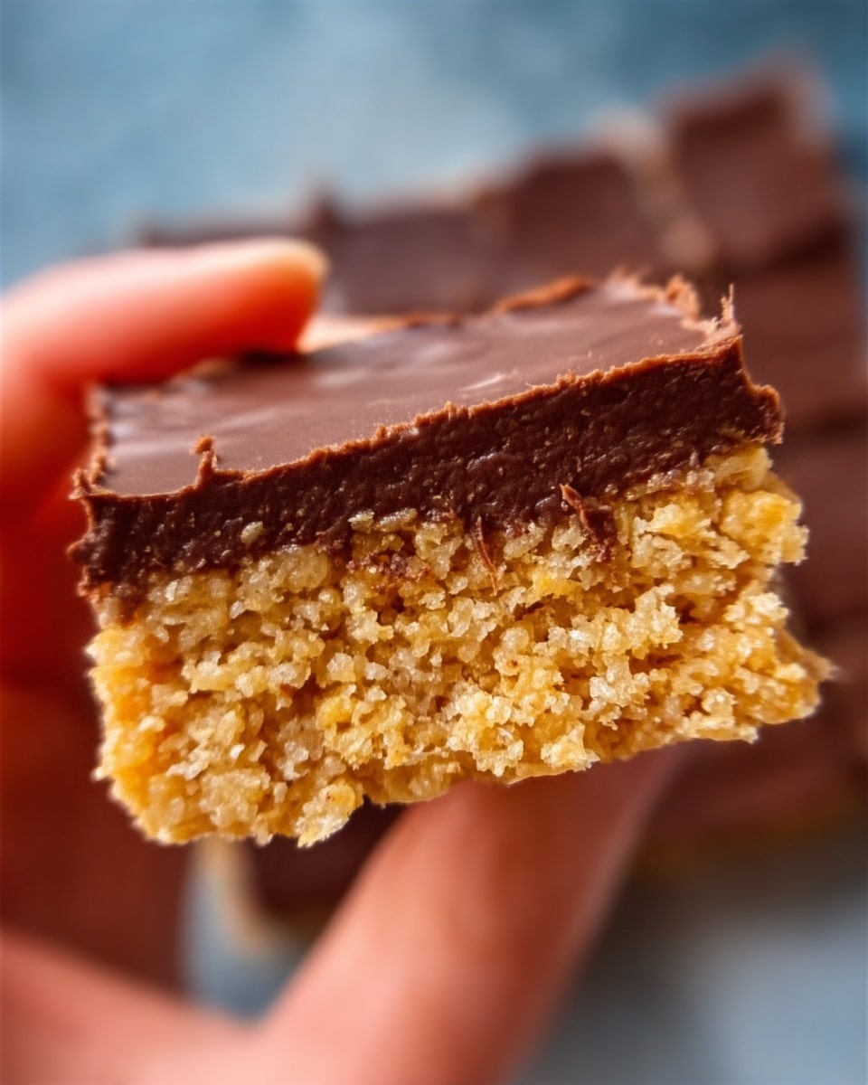 A close-up of a rectangular bar held by a woman's hand with a blurred brown background. The bar has two layers: the bottom layer is thick, crumbly, and golden with a crispy texture, while the top layer is smooth and dark brown chocolate spread evenly across the top. The edges of the bar are clean and sharp, showing a clear separation between the two layers. The photo taken with an iphone --ar 4:5 --v 7