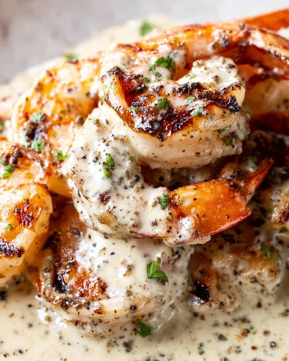 The image shows a close-up of a dish with grilled shrimp stacked in one layer, covered in a thick creamy white sauce that has specks of black pepper and green herbs sprinkled over it. The shrimp have an orange-pink color with some char marks visible, adding texture and contrast. The sauce looks smooth and slightly glossy, spreading evenly over the shrimp. The background is a white marbled surface. Photo taken with an iphone --ar 4:5 --v 7