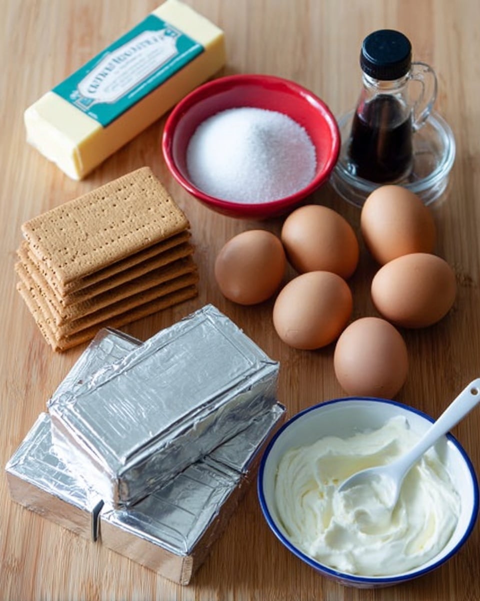 The image shows several ingredients arranged neatly on a wooden surface. On the left, there are six rectangular graham crackers stacked slightly unevenly, next to a pale yellow stick of butter partially unwrapped. Nearby is a small red bowl filled with white salt. In the middle, there are five unopened thick silver foil blocks of cream cheese stacked in a small pyramid. To the right, a clear glass measuring cup holds white granulated sugar, behind a dark glass vanilla extract bottle with a black cap. Further right, a white bowl with a blue rim holds six brown eggs, and in front of it is a white measuring spoon filled with a creamy white substance, likely sour cream or yogurt. The scene is bright and clear, focused evenly across all items, presented on a simple wooden background. photo taken with an iphone --ar 4:5 --v 7