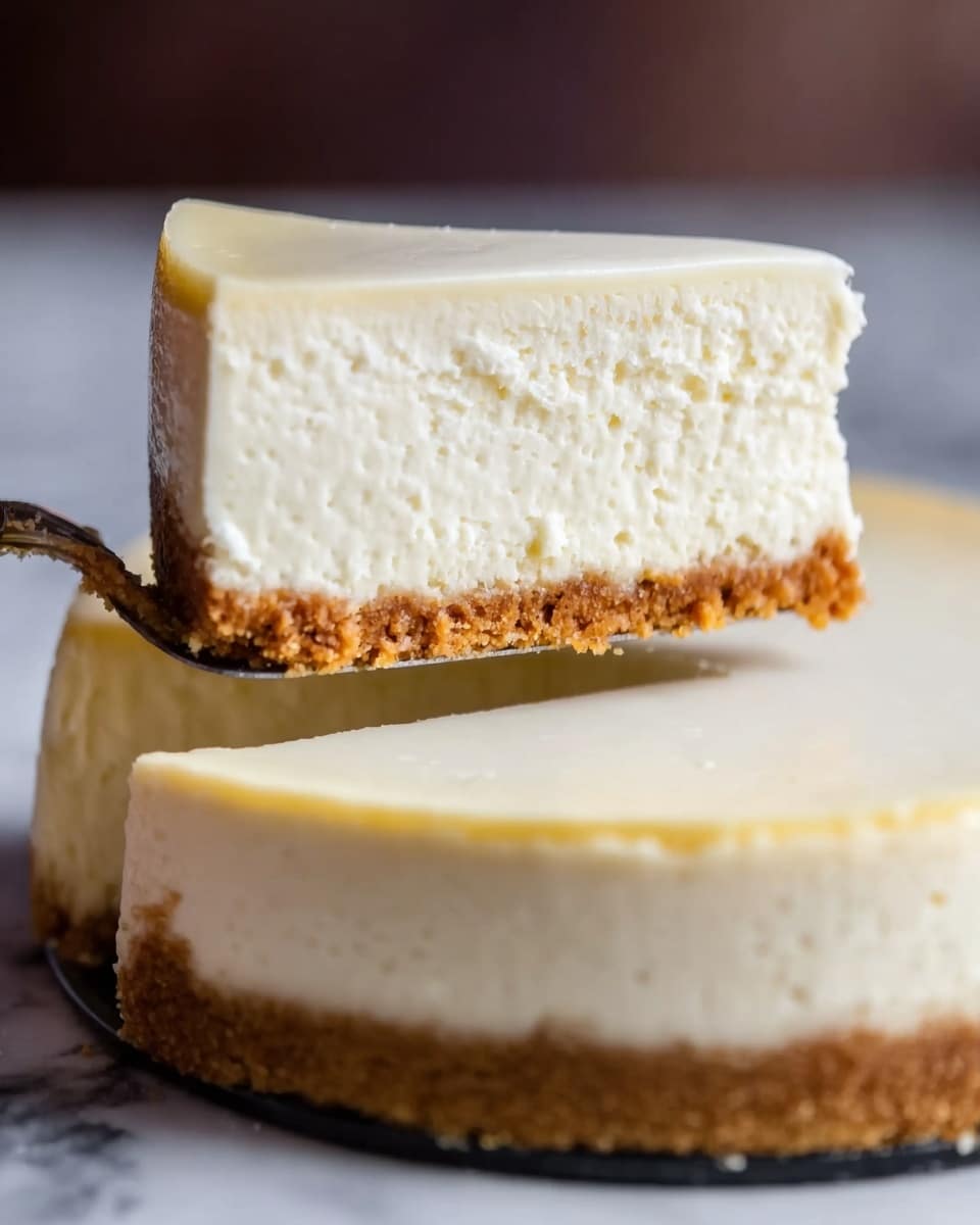 The image shows a close-up of a slice of cheesecake being lifted. The cheesecake has three layers: the bottom layer is a crumbly, golden brown crust, the middle layer is thick and creamy white filling with a smooth texture, and the top layer is a thin, glossy white surface. The slice is held above a full cheesecake, all placed on a white marbled surface. The background is blurred to keep the focus on the cheesecake slice. Photo taken with an iphone --ar 4:5 --v 7