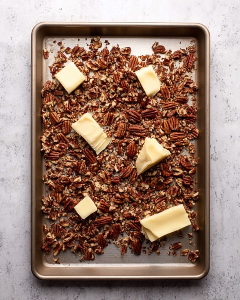 A metal baking tray with many pieces of chopped brown pecans spread out evenly across the surface. On top of the pecans, five small chunks of pale yellow butter are placed at different spots. The tray sits on a white marbled surface. photo taken with an iphone --ar 4:5 --v 7