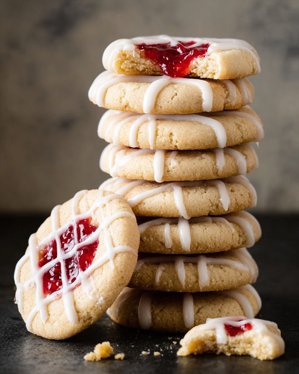 A tall stack of round cookies is shown, with eight cookies piled on top of each other. Each cookie has a light beige color and a smooth, slightly cracked texture. White icing is drizzled in thin lines across all cookies, creating a delicate pattern. The top cookie is broken in half, showing bright red jam inside that is glossy and thick. In front of the stack leans another cookie with a red jam center covered by white icing in a crisscross pattern. There are small crumbs and another cookie piece on the dark surface, which contrasts with the white marbled texture background. Photo taken with an iphone --ar 4:5 --v 7
