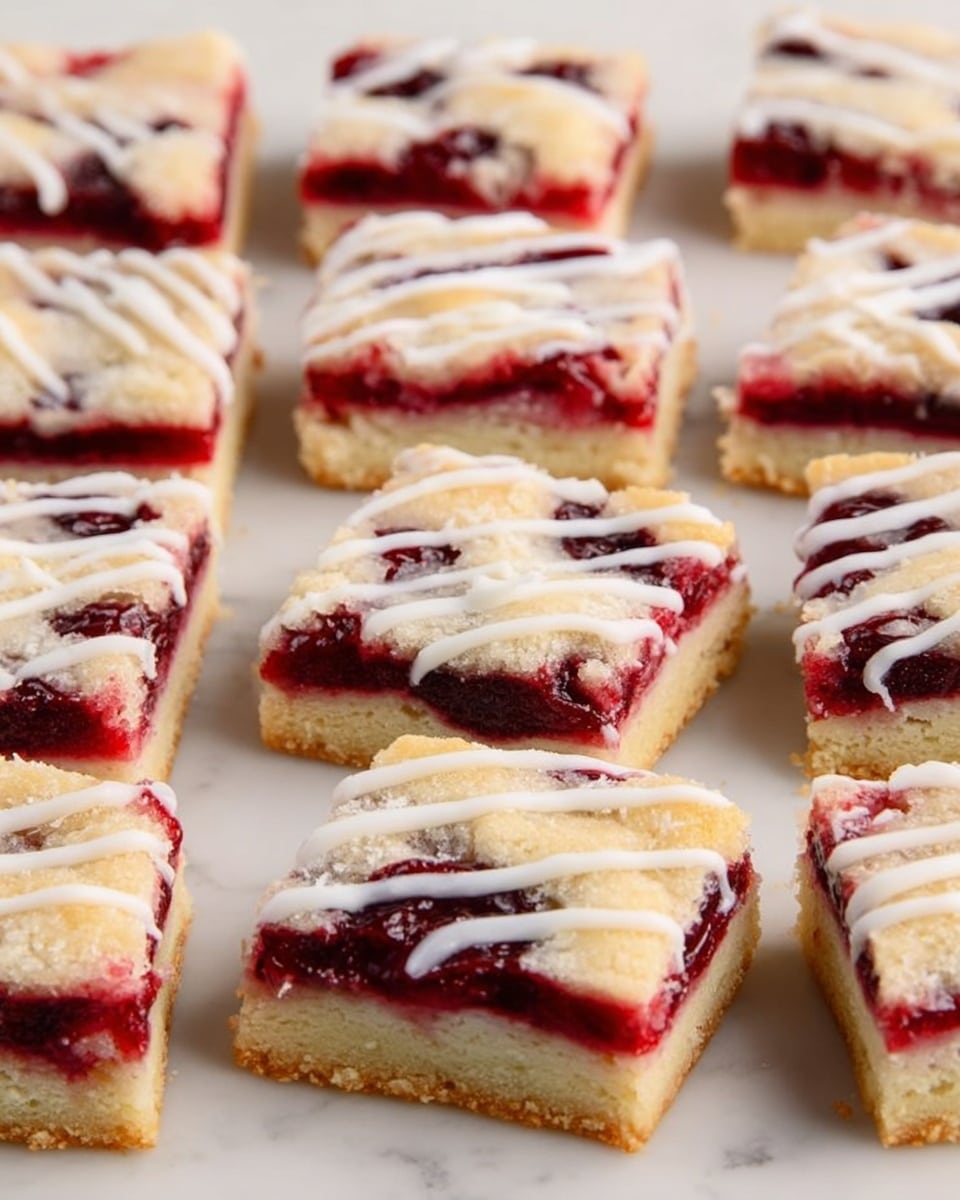 The image shows multiple square dessert bars arranged in neat rows on a white marbled surface. Each bar has three visible layers: a thick bottom layer of light golden-brown pastry with a soft texture, a middle layer of vibrant red berry filling that looks juicy and rich, and a top layer of the same light golden pastry with a slightly crumbly texture. White icing is drizzled over the top layer in a crisscross pattern, adding a glossy contrast to the surface. The bars are evenly spaced and the photo captures their texture and layers clearly, photo taken with an iphone --ar 4:5 --v 7