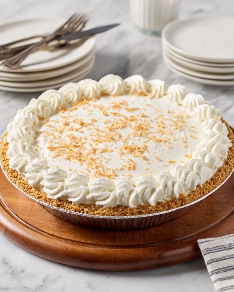 A round cream pie with one visible layer, covered with smooth white cream topping. The edges have a thick, even border of whipped cream swirls all around. The top surface is sprinkled with light brown shavings that add texture and detail. The pie sits on a wooden board on a white marbled surface, with a stack of white plates and a fork in the background. Photo taken with an iphone --ar 4:5 --v 7