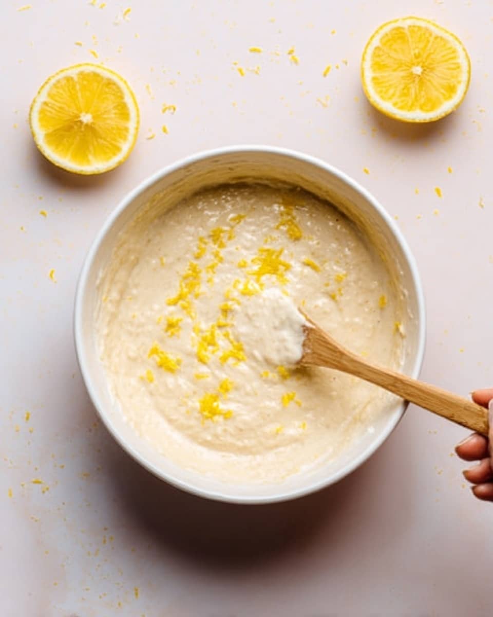 A white bowl filled with creamy batter that is light beige in color. Some small bits of lemon zest, bright yellow, are scattered on the top layer of the batter, adding texture. A wooden spoon is placed inside the bowl, partially covered with the batter, with a woman's hand holding the spoon. To the top right and bottom left of the bowl, there are two halves of a lemon, showing the juicy yellow interior. The bowl sits on a white marbled surface, giving a clean and fresh feel. photo taken with an iphone --ar 4:5 --v 7