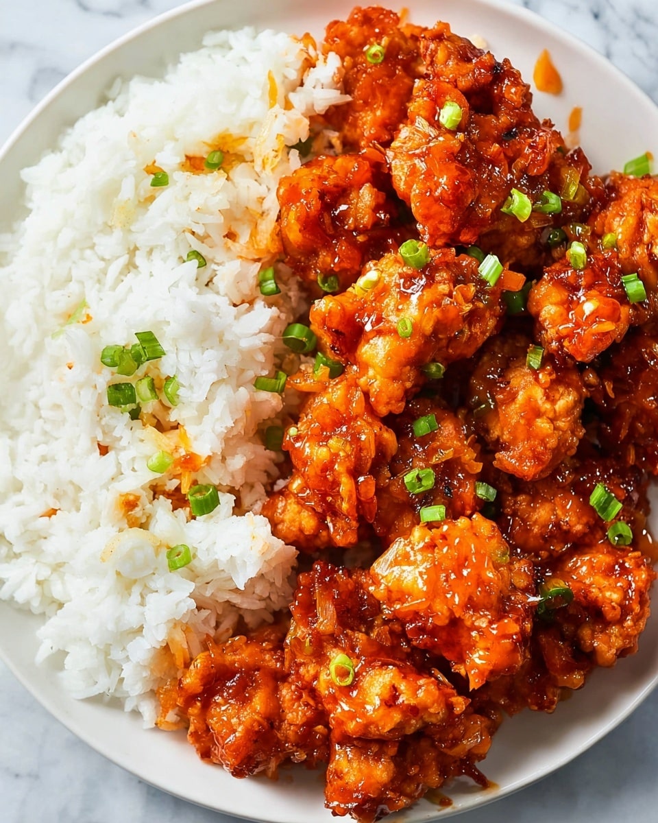 A white plate holds a two-layer dish with white fluffy rice on the left side and golden-brown fried chicken pieces coated in a shiny reddish-orange sauce piled thickly on the right. The chicken pieces are irregular in shape, covered in a crispy textured sauce with visible small bits of chopped green onions sprinkled over them, adding splashes of light and dark green. The background is a white marbled texture. photo taken with an iphone --ar 4:5 --v 7