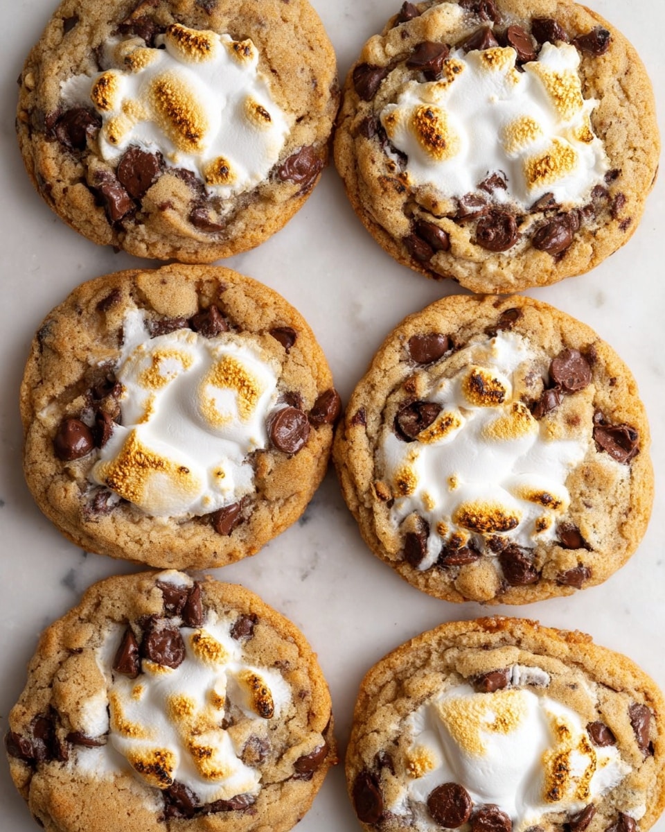 Six round cookies are arranged close to each other on a white marbled surface. Each cookie has a light golden-brown dough base mixed with dark brown chocolate chips spread unevenly across the surface. The center of each cookie is filled with a soft, bubbly white marshmallow layer that looks slightly melted and uneven with some golden toasted spots. The texture of the cookie dough looks slightly cracked and rough around the marshmallow patches. photo taken with an iphone --ar 4:5 --v 7