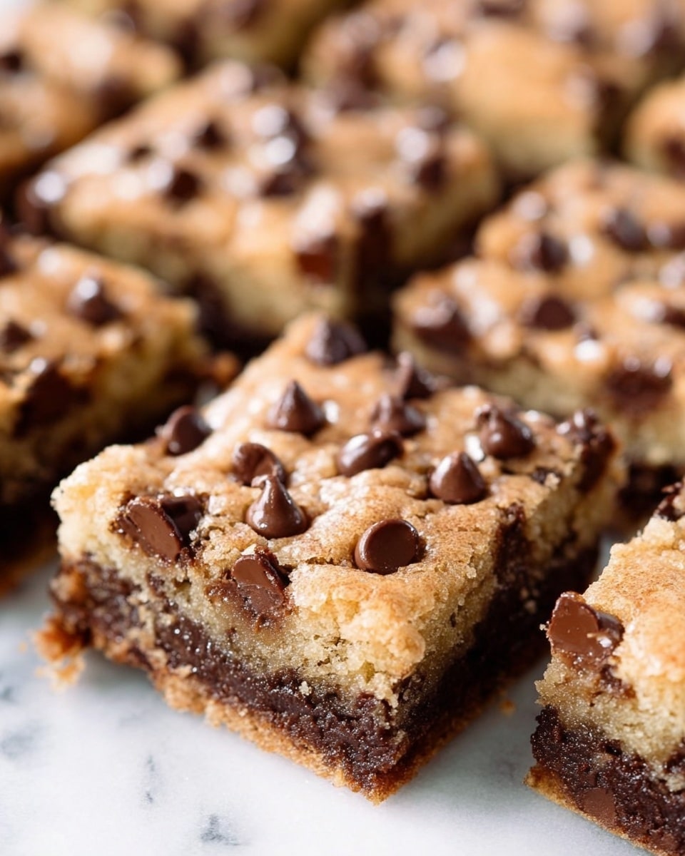 The image shows several square pieces of two-layer chocolate chip bars arranged closely. The bottom layer is dark brown with a dense texture, while the top layer is a lighter golden brown with a soft, slightly cracked surface. Both layers are dotted with many dark chocolate chips that are slightly melted and glossy. The bars rest on a white marbled surface. The photo is taken close up, showing detailed textures of the chocolate chips and cake layers photo taken with an iphone --ar 4:5 --v 7