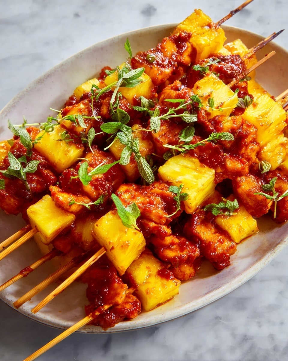 The image shows several wooden skewers stacked on a white plate over a white marbled surface. Each skewer has multiple layers of bright yellow pineapple cubes and glossy, reddish-brown chicken pieces covered in sauce. The skewers are garnished with fresh green herb sprigs and leaves scattered on top. The overall look is shiny and richly colored with a mix of smooth pineapple texture and saucy chicken chunks photo taken with an iphone --ar 4:5 --v 7