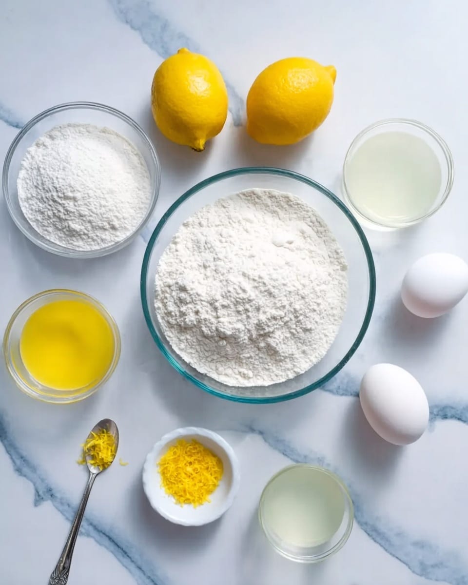 The image shows a white marbled surface with seven baking ingredients arranged neatly. In the center, there is a large clear glass bowl filled with white flour. Around it are two whole yellow lemons placed diagonally, a smaller clear bowl with more white flour, a white bowl with two whole eggs, a small clear glass bowl with light yellow juice, a spoon with bright yellow zest, and a small clear bowl with a translucent liquid, likely lemon juice. The colors are soft and clean, mainly white with pops of yellow from the lemons and zest. photo taken with an iphone --ar 4:5 --v 7