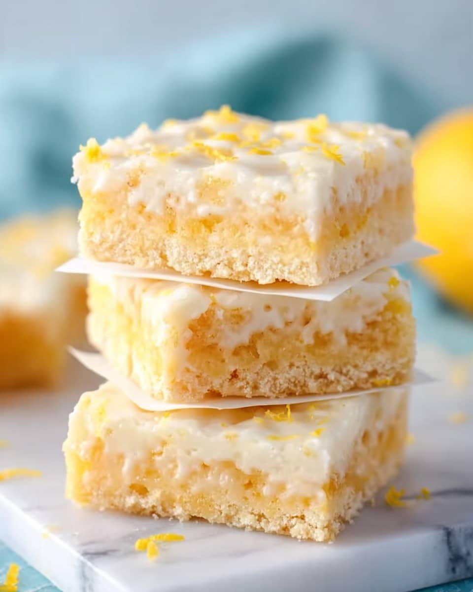 The image shows a stack of three square lemon dessert bars on a white marbled surface. Each bar has three layers: a crumbly light yellow base, a soft and slightly denser middle lemon layer in pale yellow, and a smooth white glaze on top with a few small lemon zest pieces scattered. Between each bar, there is a small square of white parchment paper. The bars have a moist, rich texture and a soft crumb on the sides. The background is softly blurred with a hint of a lemon and a light blue cloth, enhancing the fresh and bright feeling. Photo taken with an iphone --ar 4:5 --v 7