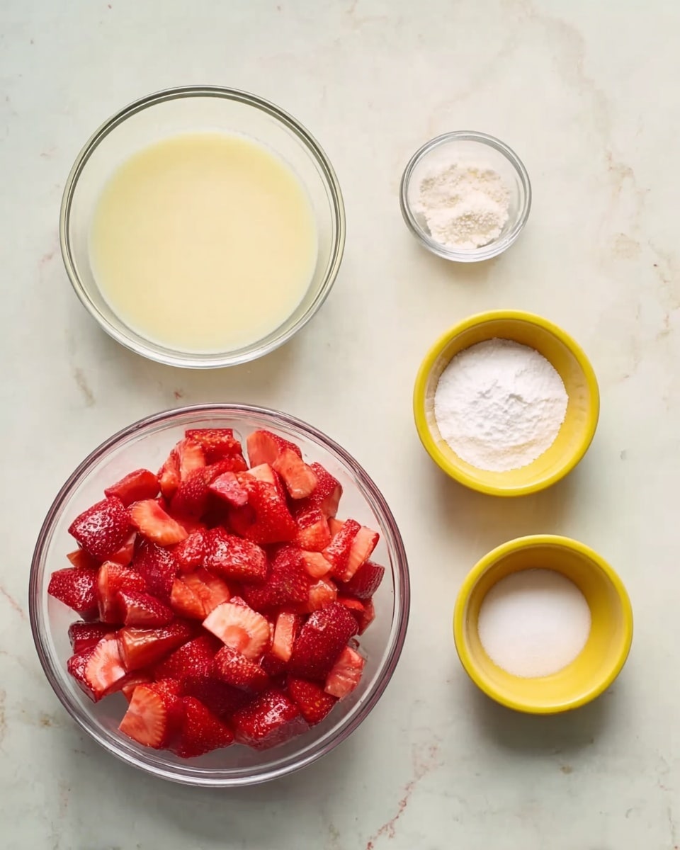 A white marbled surface holds several clear glass bowls with various ingredients, arranged neatly. The largest bowl at the bottom left is filled with bright red chopped strawberries, showing different-sized pieces with fresh texture. Above it and to the right, there is a medium-sized glass bowl containing a pale yellow liquid, smooth in texture. Below that is a smaller glass bowl filled with fine white granulated sugar. At the top right, there are two small white bowls each placed inside yellow bowls; one contains white powder and the other is empty with a smooth yellow inside. Finally, at the top left is a tiny glass bowl with a fine white granular ingredient. The setup is clean and orderly, emphasizing the fresh colors and textures of the ingredients. photo taken with an iphone --ar 4:5 --v 7