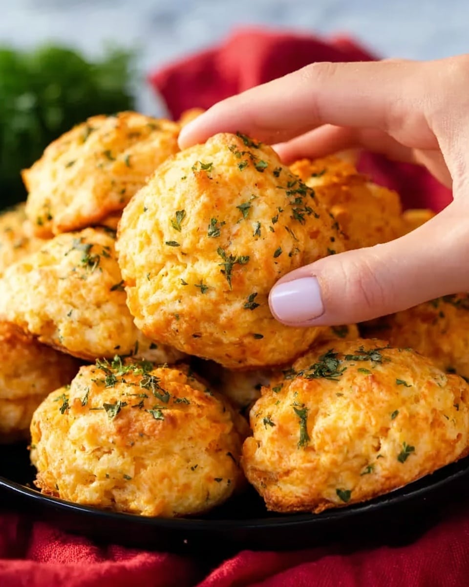 A close-up view of a black plate filled with round, golden-orange biscuit-like puffs. Each puff has a rough, slightly bumpy texture with flecks of green herbs on top. A woman's hand is gently holding one puff near the top center of the plate. The background shows blurred greens and a red cloth, all set on a white marbled surface. Photo taken with an iphone --ar 4:5 --v 7