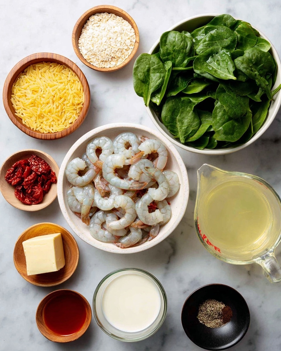 The image shows a group of ingredients arranged on a white marbled surface. In the center, there is a white bowl full of raw shrimp with their tails on, arranged in a circular way. Above it, a white bowl is full of fresh green spinach leaves. To the right, a glass measuring cup contains a pale yellow liquid, likely broth, and below it another glass cup holds a white creamy liquid. On the left side, there are four small wooden bowls placed in a square pattern, one filled with grated cheese, one with small red sun-dried tomatoes, one with dry yellow orzo pasta, and one with chopped garlic. Near the shrimp bowl, two small round wooden bowls hold two butter cubes and a reddish liquid. To the right, a black bowl holds a mix of salt and pepper. photo taken with an iphone --ar 4:5 --v 7