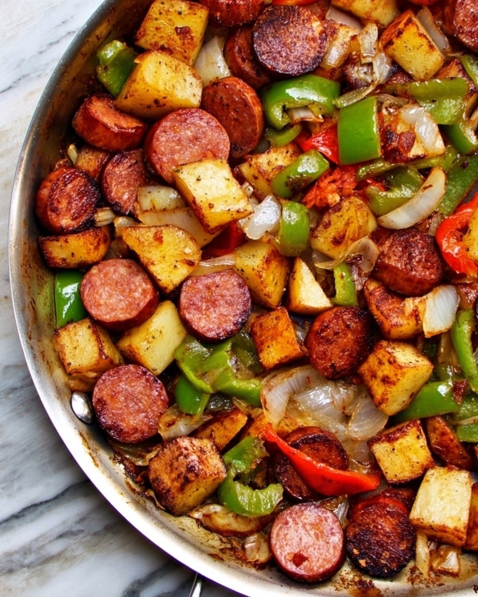 A white plate holds a colorful hash made of small, evenly chopped pieces of golden brown potatoes mixed with small cubes of browned meat, bright diced orange carrots, green bell peppers, and red bell peppers. The dish is topped with a small sprig of fresh green parsley on the side. A gold fork rests on the right edge of the plate. The background is a white marbled surface. photo taken with an iphone --ar 4:5 --v 7