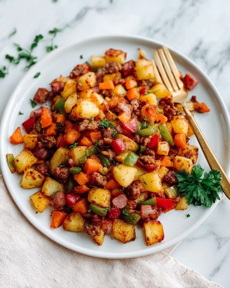 A close-up image shows a large silver pan filled with cooked sausage and vegetable pieces. The dish has three main layers: thick round slices of browned sausage in reddish-brown tones are mixed with chunky cubes of golden-brown potatoes and large pieces of cooked onions that are light brown and translucent. Green and yellow bell pepper pieces add bright green and yellow colors. The food looks slightly charred on the edges, giving a textured, crispy look. The pan sits on a white marbled surface with a white towel nearby. Photo taken with an iphone --ar 4:5 --v 7