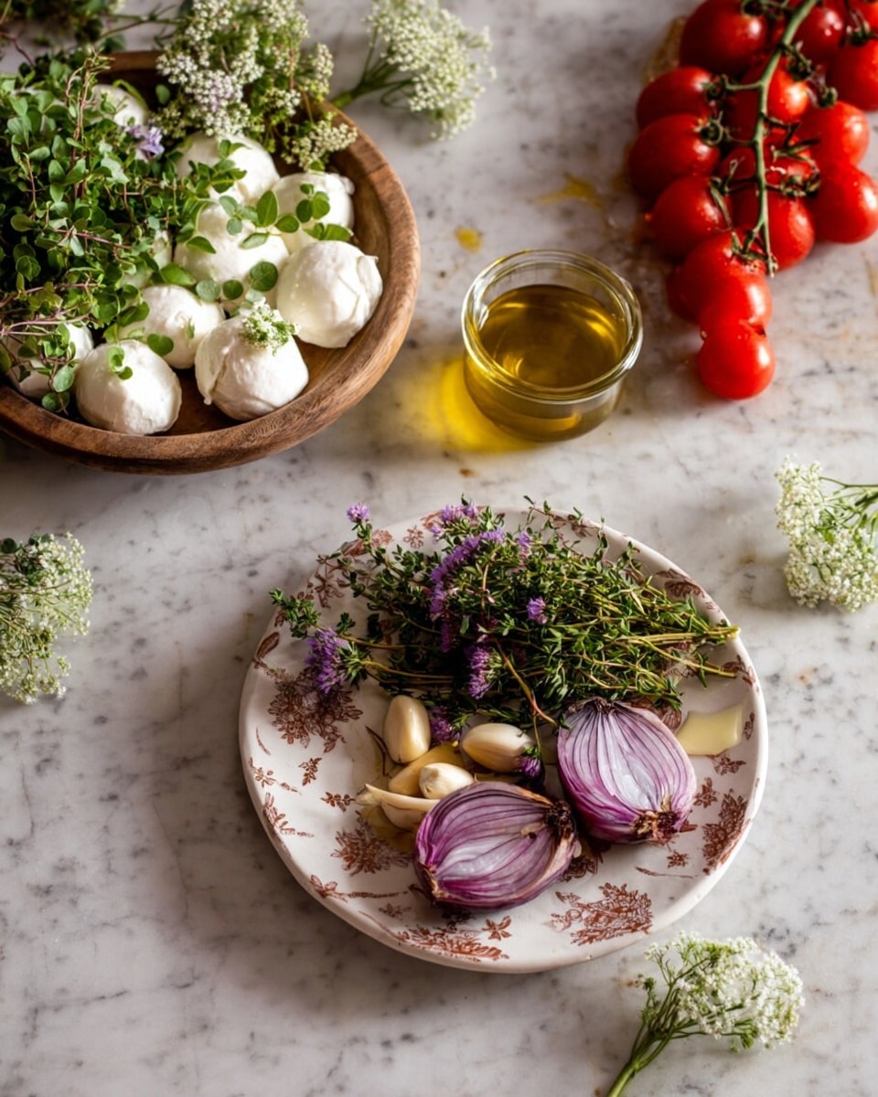 The image shows a simple, rustic food setup on a white marbled surface. In the front, there is one white plate with a decorative pattern holding two purple shallots cut in half, four garlic cloves, and fresh green and purple thyme sprigs spread evenly over the plate. Behind it to the left, a wooden bowl contains white balls of mozzarella cheese topped with green leafy sprouts and small white flowers scattered around. To the right, a small glass jar filled with golden olive oil sits on the marble, and in the back right, there is a bunch of bright red cherry tomatoes still on their vine. A few small white flowers and green leaves are scattered around the scene. Photo taken with an iphone --ar 4:5 --v 7