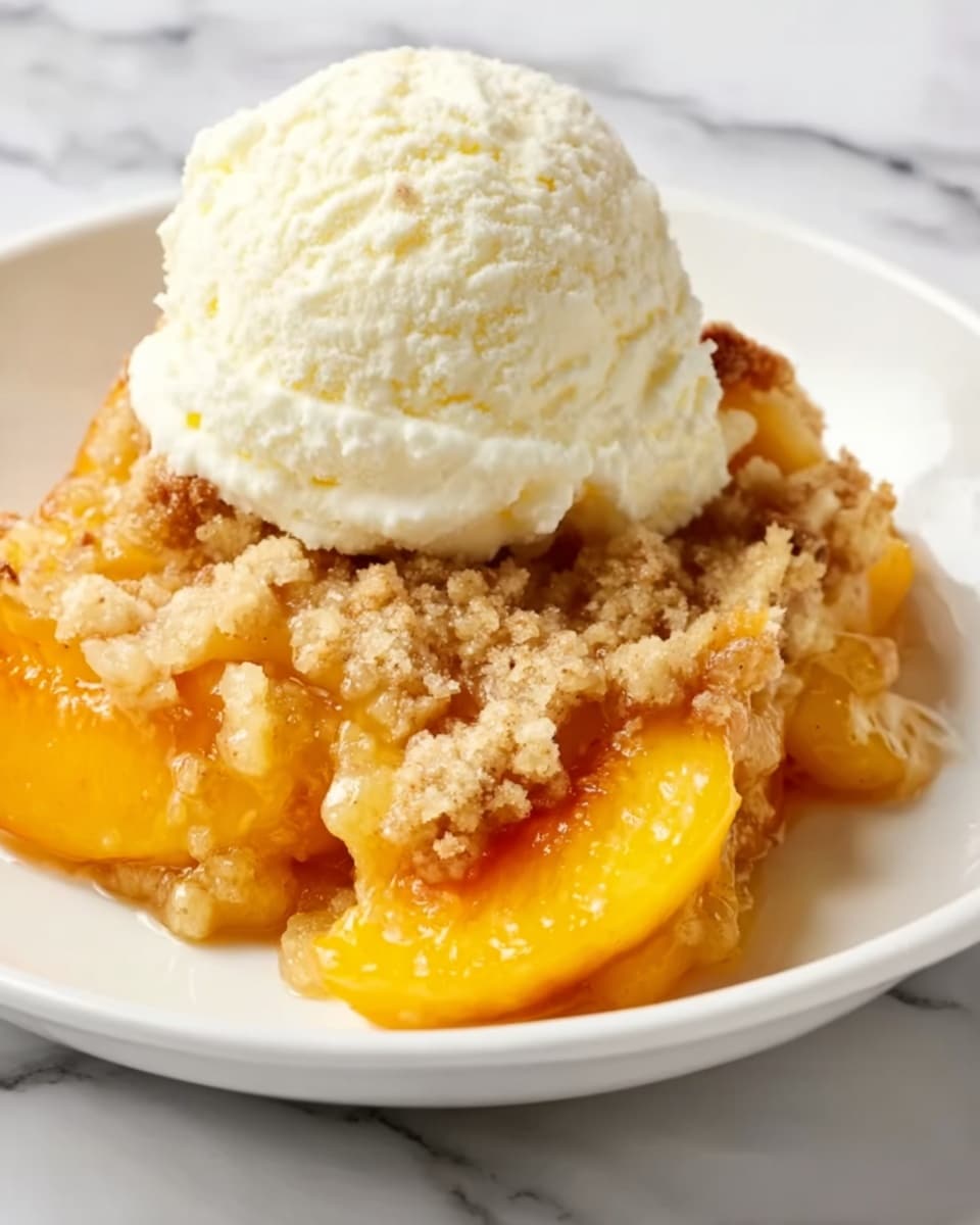 A white plate holds a dessert with three main layers. The bottom layer is soft cooked peach slices with a bright orange color, mixed with a thick sauce. On top of the peach layer is a crumbly, light brown crumb topping that looks slightly crispy. The dessert is crowned with a large scoop of creamy, white vanilla ice cream that has a smooth and slightly textured surface. The plate sits on a white marbled texture. photo taken with an iphone --ar 4:5 --v 7