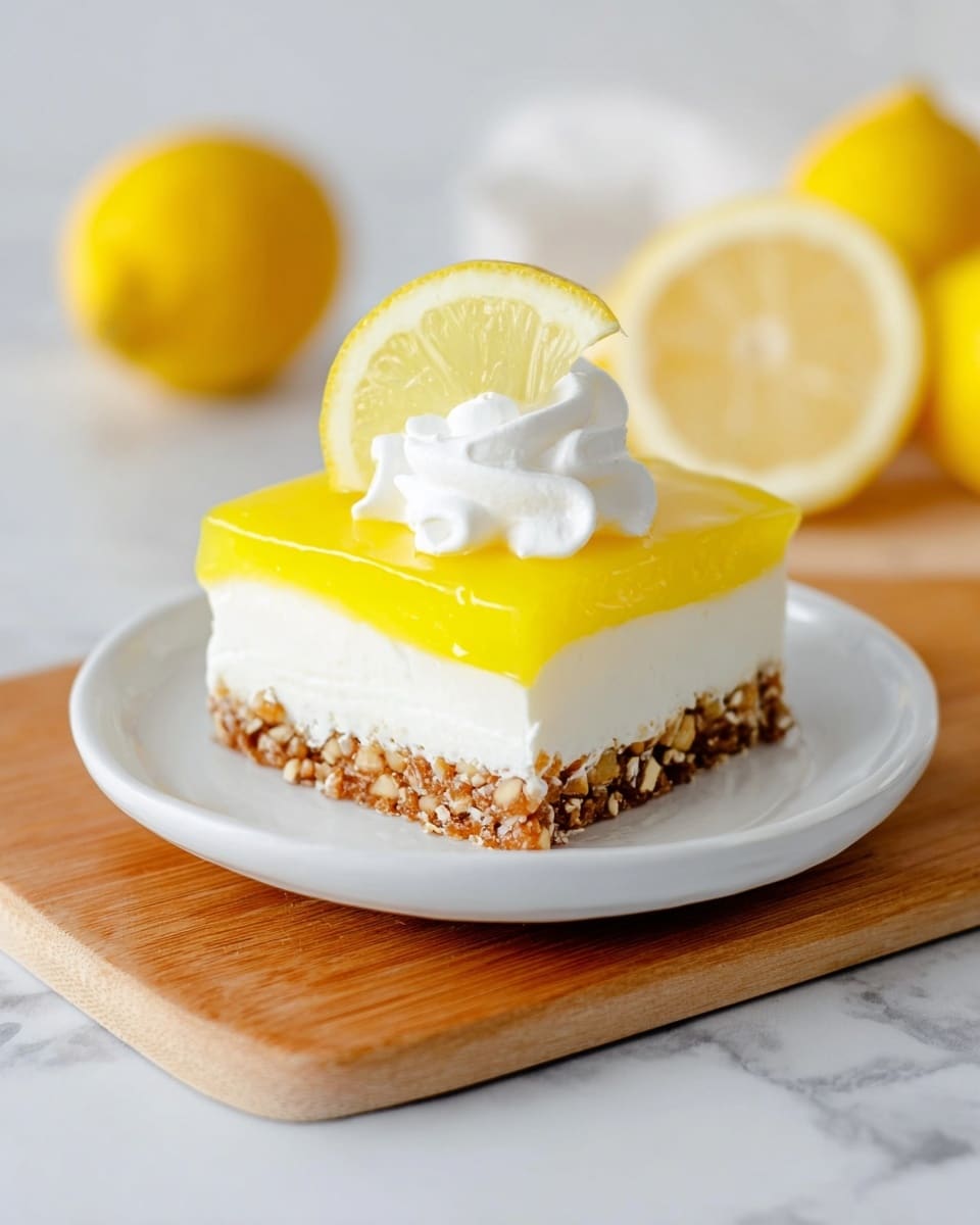 A square dessert with three layers sits on a white plate placed on a wooden board over a white marbled surface. The bottom layer consists of a crumbly nut and cracker crust with small chunks in light brown and beige tones. Above that is a thick, smooth white layer of cream. The top layer is a shiny, bright yellow lemon gelatin. On top, there is a white dollop of whipped cream with soft swirls, and a fresh lemon slice leans against the whipped cream. In the background, whole and halved yellow lemons are visible, softly blurred. Photo taken with an iphone --ar 4:5 --v 7