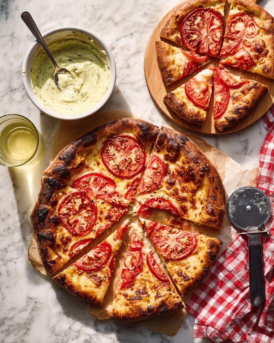 Two pizzas are shown on a white marbled surface. The larger pizza at the bottom has a thick golden-brown crust with some darker charred spots, topped fully with sliced red tomatoes layered over melted cheese and a slightly browned sauce base, sliced into six pieces. The smaller pizza on a wooden board to the top right has a similar thick, browned crust and melted cheese with sliced tomatoes scattered on top, cut into five slices. To the upper left, there is a white bowl filled with a creamy greenish dip with a metal spoon inside. Next to the bowl is a small glass of light yellow liquid. A red and white checkered cloth is partially visible near the bowl. A metal pizza cutter with a black handle lies near the bottom right corner. Photo taken with an iphone --ar 4:5 --v 7
