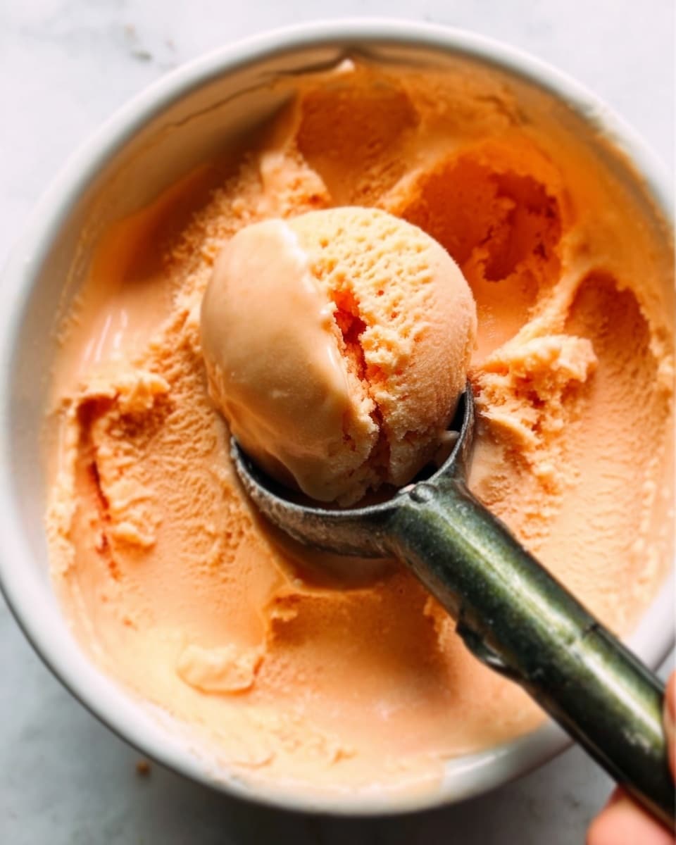 A white bowl holds three scoops of bright orange sorbet with a smooth but slightly textured surface showing small ridges from scooping. Fresh green mint leaves are placed on and around the top scoop, adding a pop of color. The bowl is set on a white marbled surface. The photo taken with an iphone --ar 4:5 --v 7