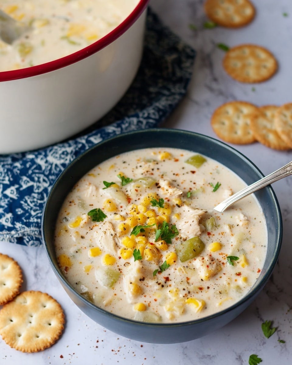 A white bowl filled with creamy thick chowder soup, showing visible layers of yellow corn kernels, small white chunks of chicken, and bits of green celery, all mixed in a smooth off-white broth with sprinkled black pepper and small green parsley leaves on top. The bowl has a silver spoon inside it, and next to it are several round saltine crackers scattered on a white marbled surface. In the background, a white enameled pot with a red rim partially filled with the same soup, along with a blue patterned cloth nearby. Photo taken with an iphone --ar 4:5 --v 7