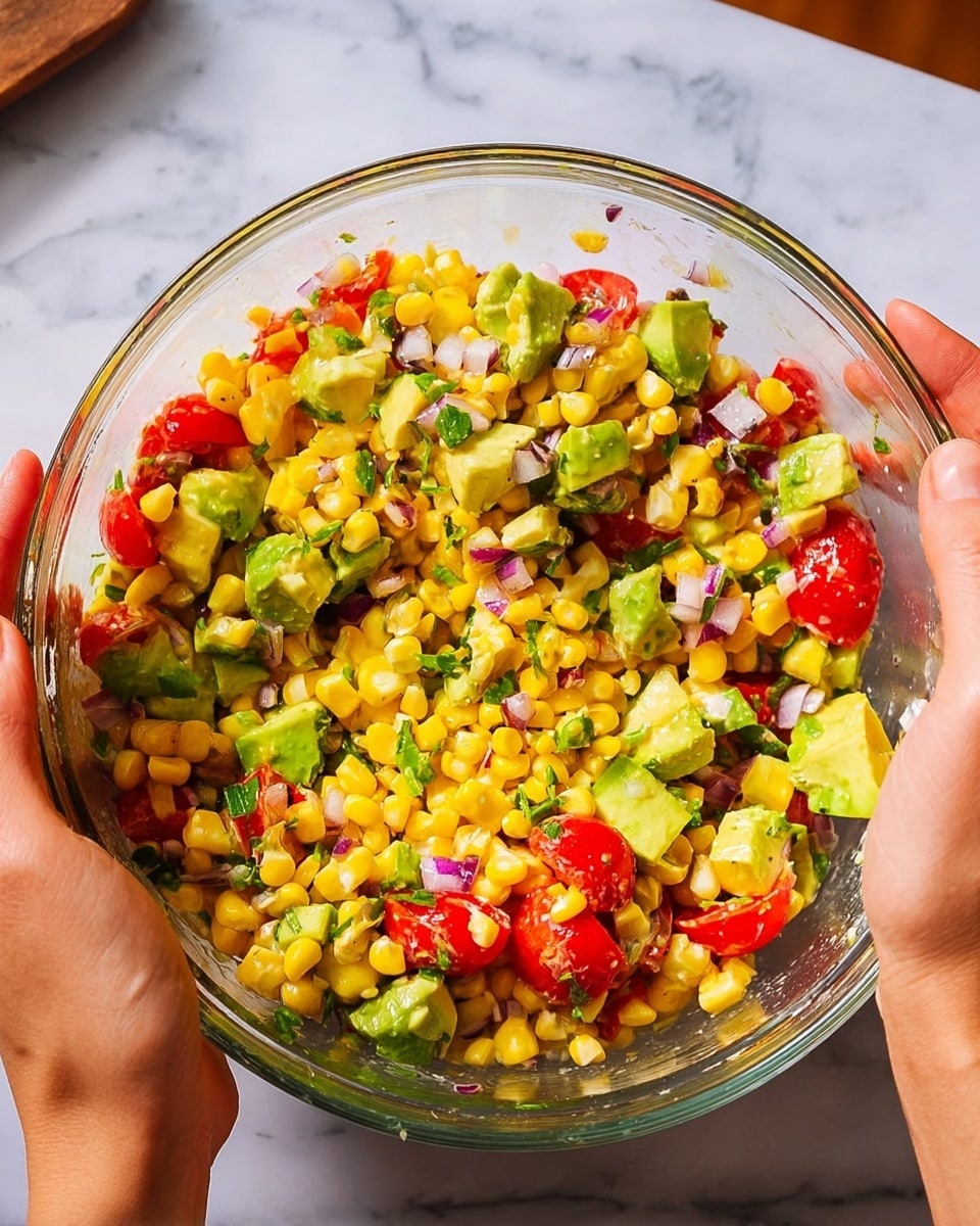 A clear glass bowl filled with a colorful salad that has three main layers mixed together: bright yellow corn kernels, chopped green avocado pieces, and small red tomato chunks, with tiny bits of purple onion and green herbs scattered throughout. Two woman's hands are holding the bowl from each side, gently mixing the ingredients, showing a lively and fresh texture. The background surface is a white marbled texture, enhancing the vibrant colors of the salad. Photo taken with an iphone --ar 4:5 --v 7