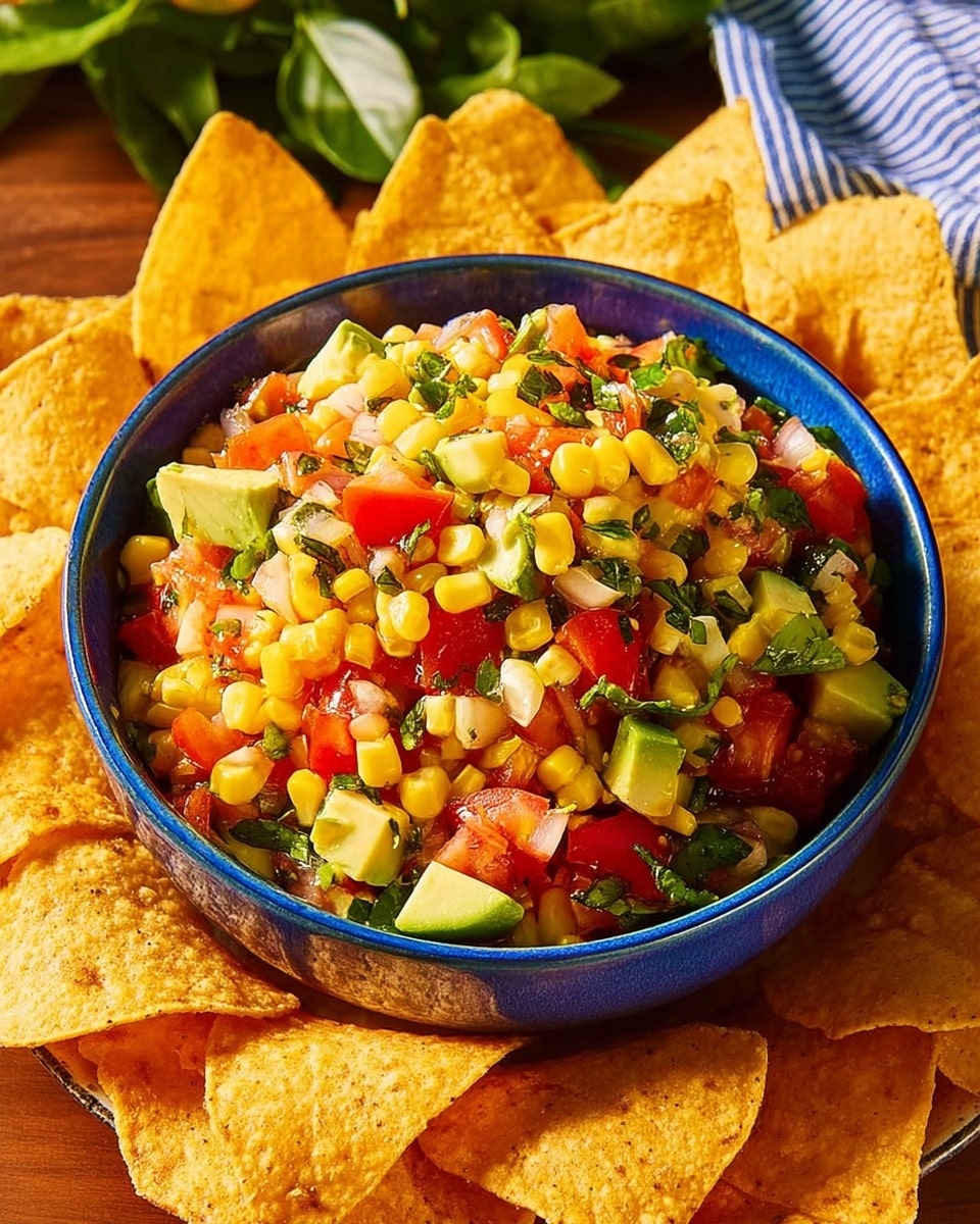 A bright blue bowl filled with a colorful mix of chopped vegetables like yellow corn, red tomatoes, green avocado chunks, and pieces of green herbs, all mixed together with a fresh, slightly glossy look. The bowl is placed on a wooden surface and is surrounded by many golden, crispy tortilla chips that create a rough, textured ring around the bowl. The background shows a faintly blurred blue and white striped cloth and some green leaves, giving a fresh feeling. photo taken with an iphone --ar 4:5 --v 7