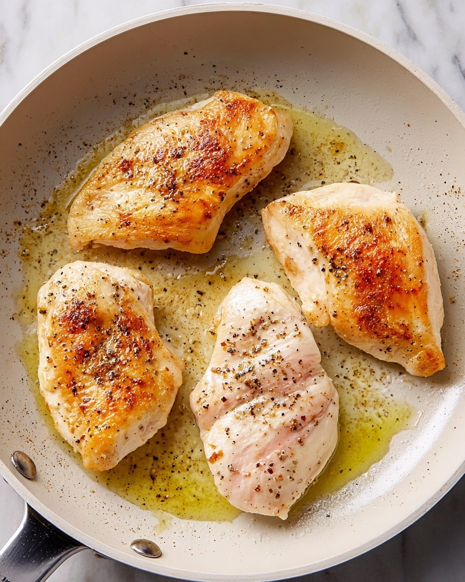 The image shows four chicken pieces cooking in a white frying pan. Three pieces are golden brown on top with a slight crispy texture and some black pepper seasoning. The fourth piece is still pale, mostly white with some light pink areas and a similar sprinkle of black pepper, showing it is not fully cooked. The pan has some shiny olive oil and small browned bits around the chicken. The background is a white marbled surface. photo taken with an iphone --ar 4:5 --v 7