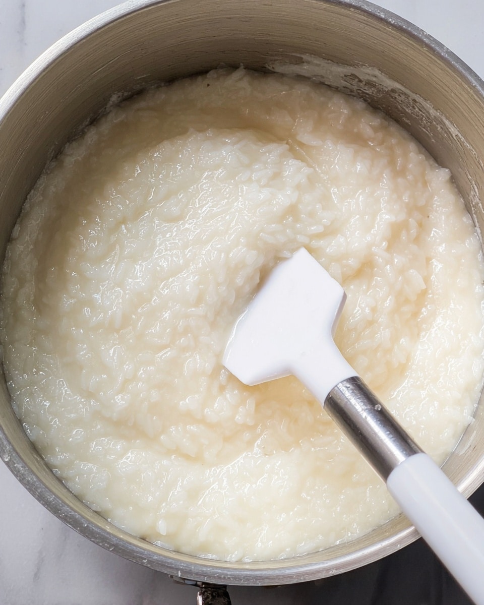 Inside a metal pot is soft white rice mixed with a creamy liquid, forming one thick layer with a shiny, slightly sticky texture. A white spatula with a silver handle is resting in the pot, partially submerged in the rice mixture, showing the smooth and moist consistency. The background is not visible but would be imagined as a white marbled texture. photo taken with an iphone --ar 4:5 --v 7