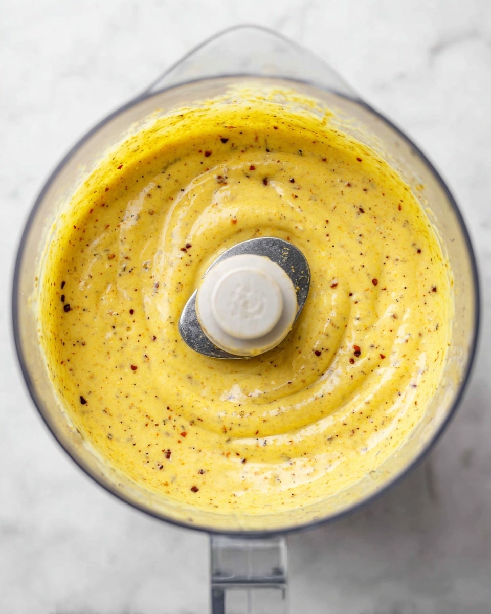 A clear blender bowl filled with a smooth, yellow sauce that has small black and red specks evenly spread throughout. The sauce looks creamy and has a thick texture, swirling around the metal blade in the center. The background is a white marbled surface, giving a bright and clean look to the image. Photo taken with an iphone --ar 4:5 --v 7